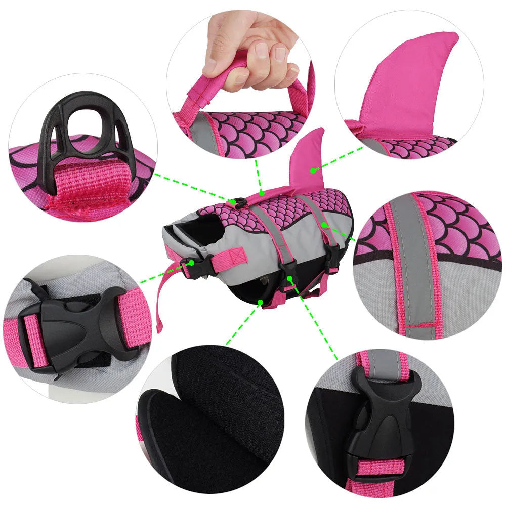 Dog life jacket vest in blue with back lift handle and metal leash ring, ripstop Oxford cloth and EPE filling.