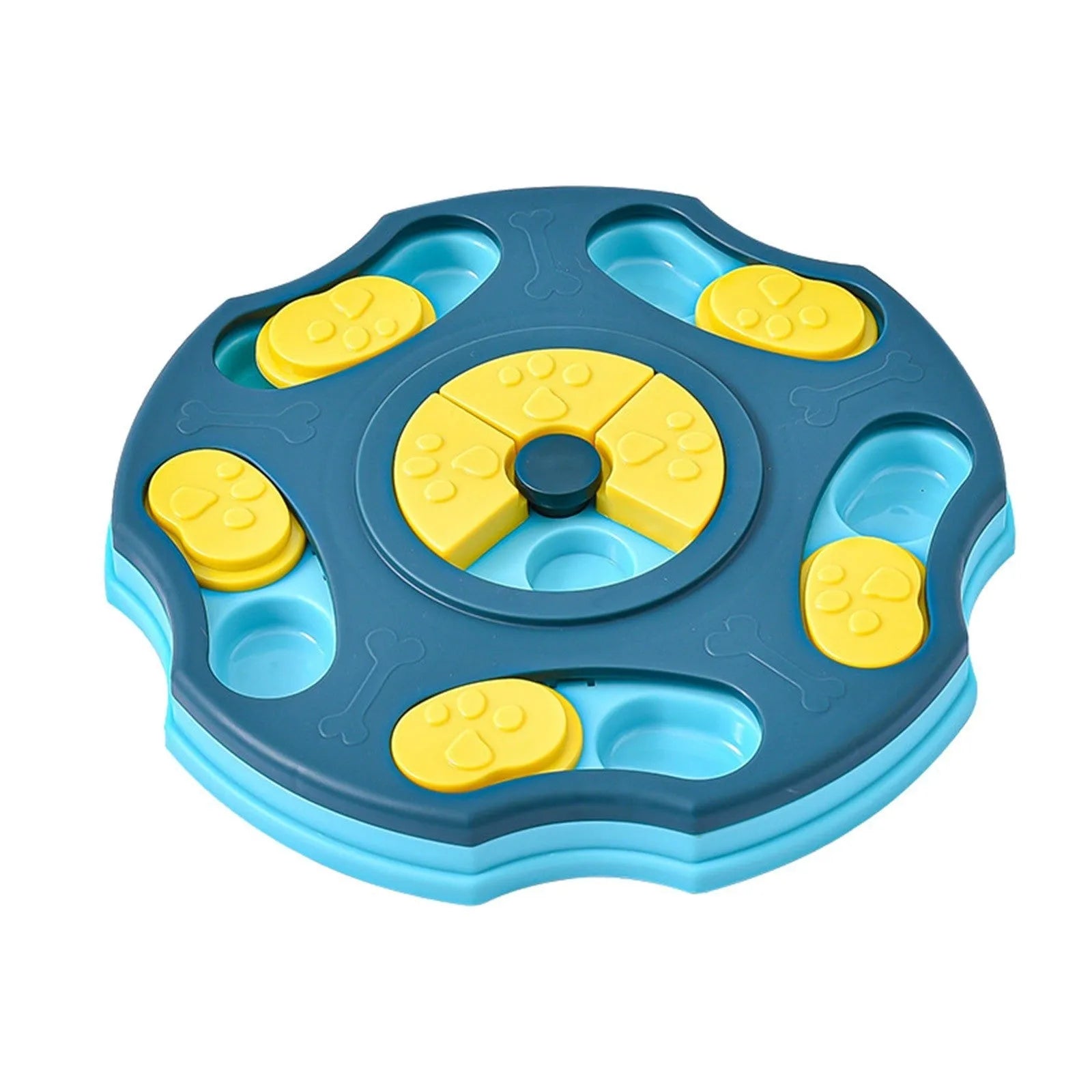Blue and pink dog puzzle toy feeder bowl for aggressive chewers on a wooden floor.