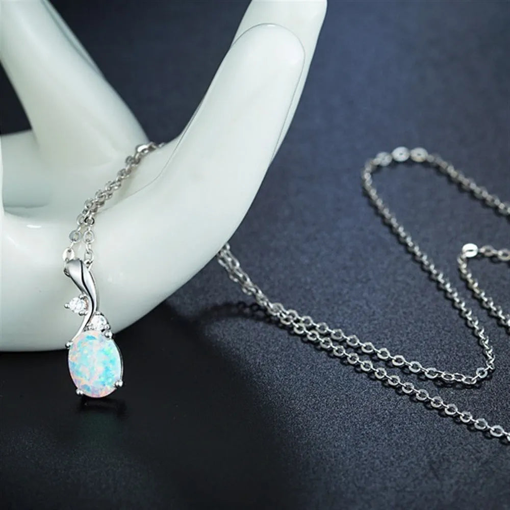 Water drop shaped opal pendant necklace with adjustable O-shaped chain in rose gold or white electroplated finish