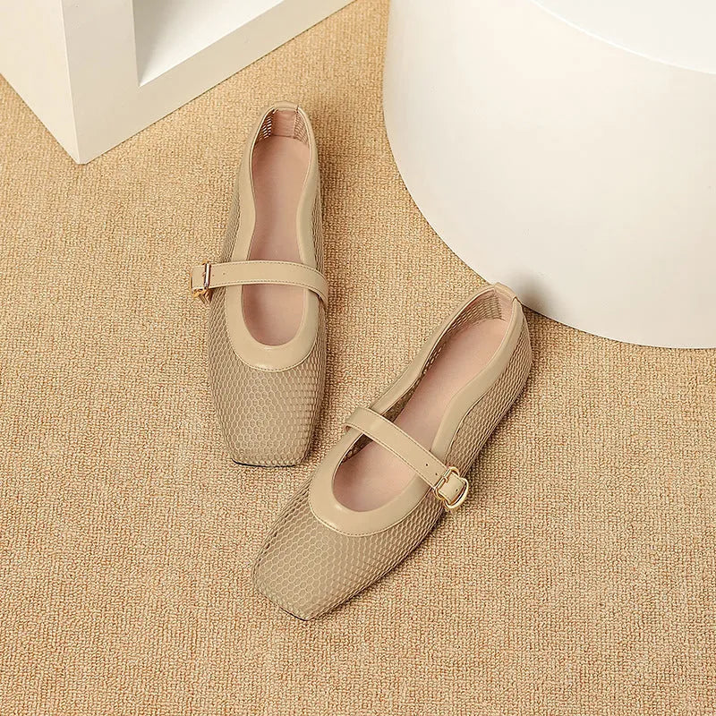 Women's beige mesh summer shoes with buckle fastening and flat square toe