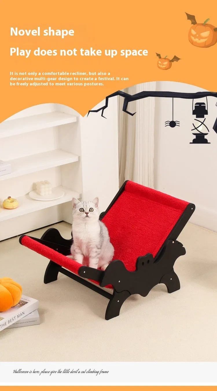 Black and red wooden cat lounge chair with bat-shaped decorative elements for Halloween themes