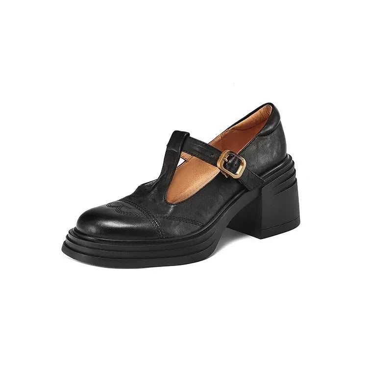 Soft leather Mary Jane pumps with chunky heel and belt decoration in black and brown, round toe, sizes 34-40
