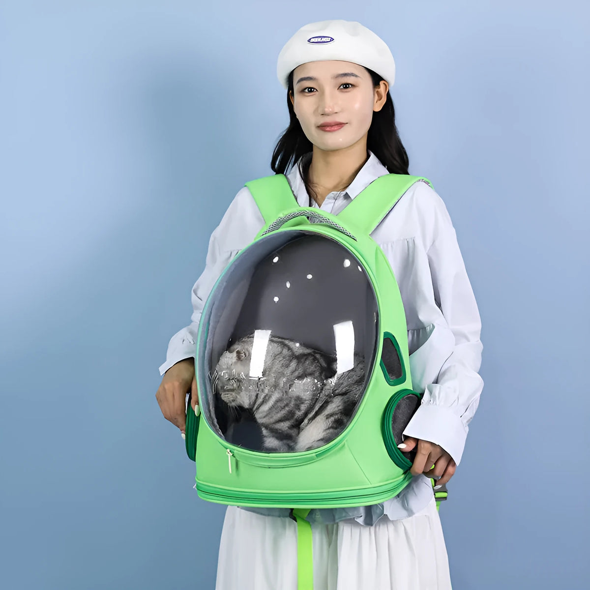 Cat bag space capsule backpack in blue with large capacity breathable PVC design for pet travel