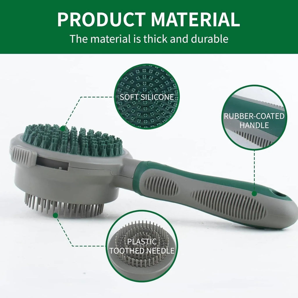 Green and pink dual-sided pet grooming brush with slicker brush and silicone massage pins