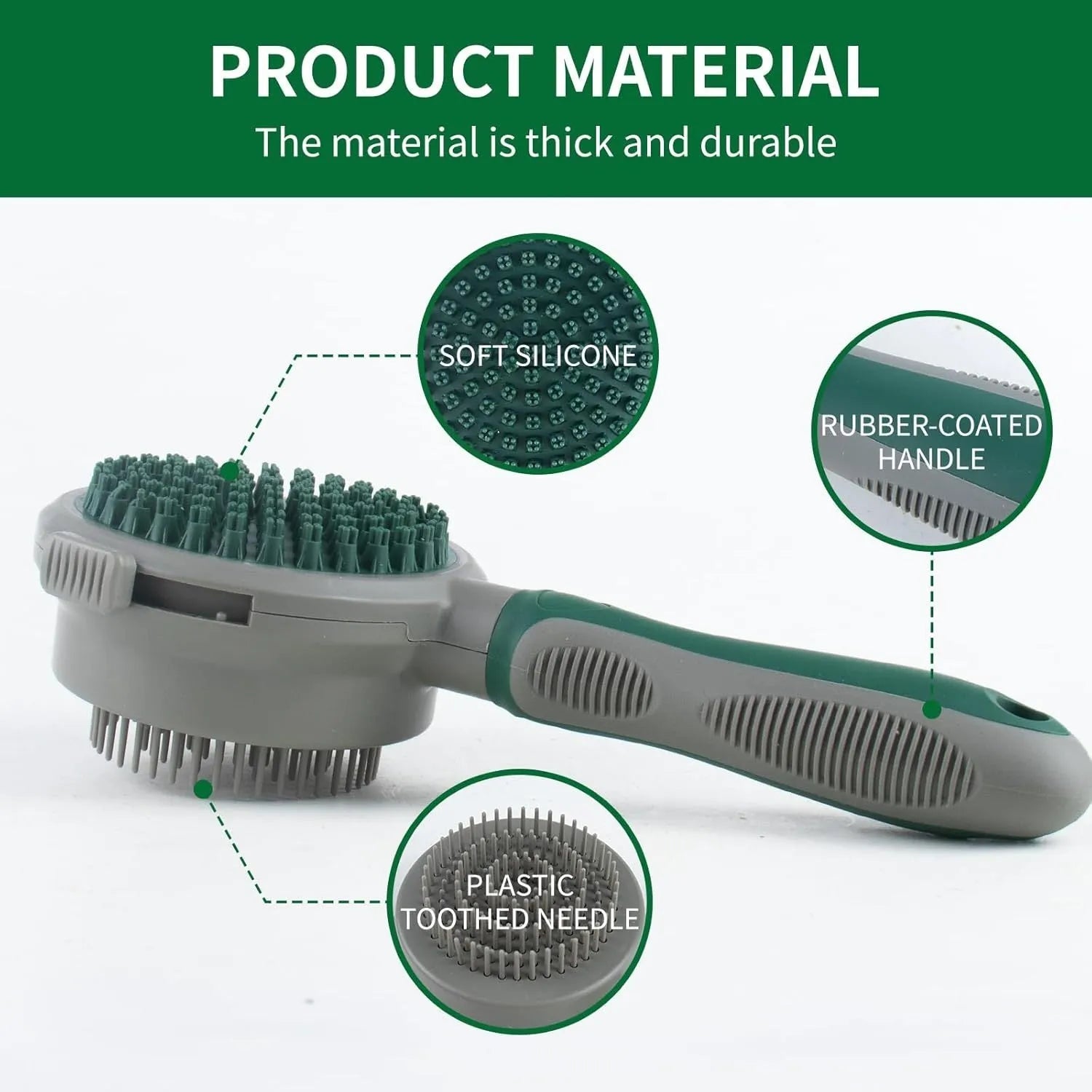 Green and pink dual-sided pet grooming brush with slicker brush and silicone massage pins