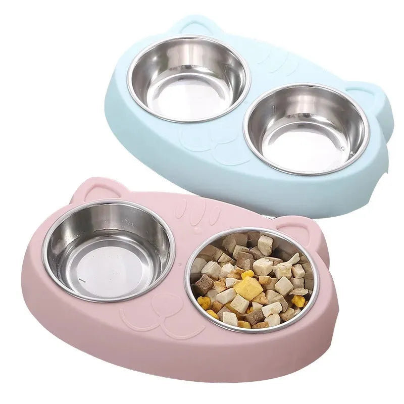 Blue macaron-shaped plastic pet feeder tray with two bowls for food and water