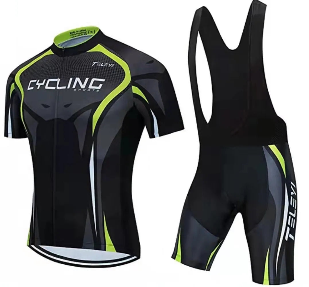 Cycling jersey and pants set in a moisture-absorbing fabric for summer bike riding.