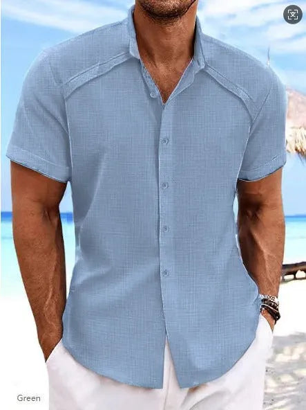 Hawaiian casual short sleeve shirt in solid colour cotton blend fabric