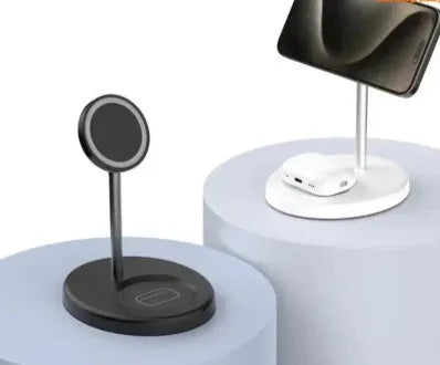 30W vertical wireless charger stand with cooling hole, white colour, holding a smartphone