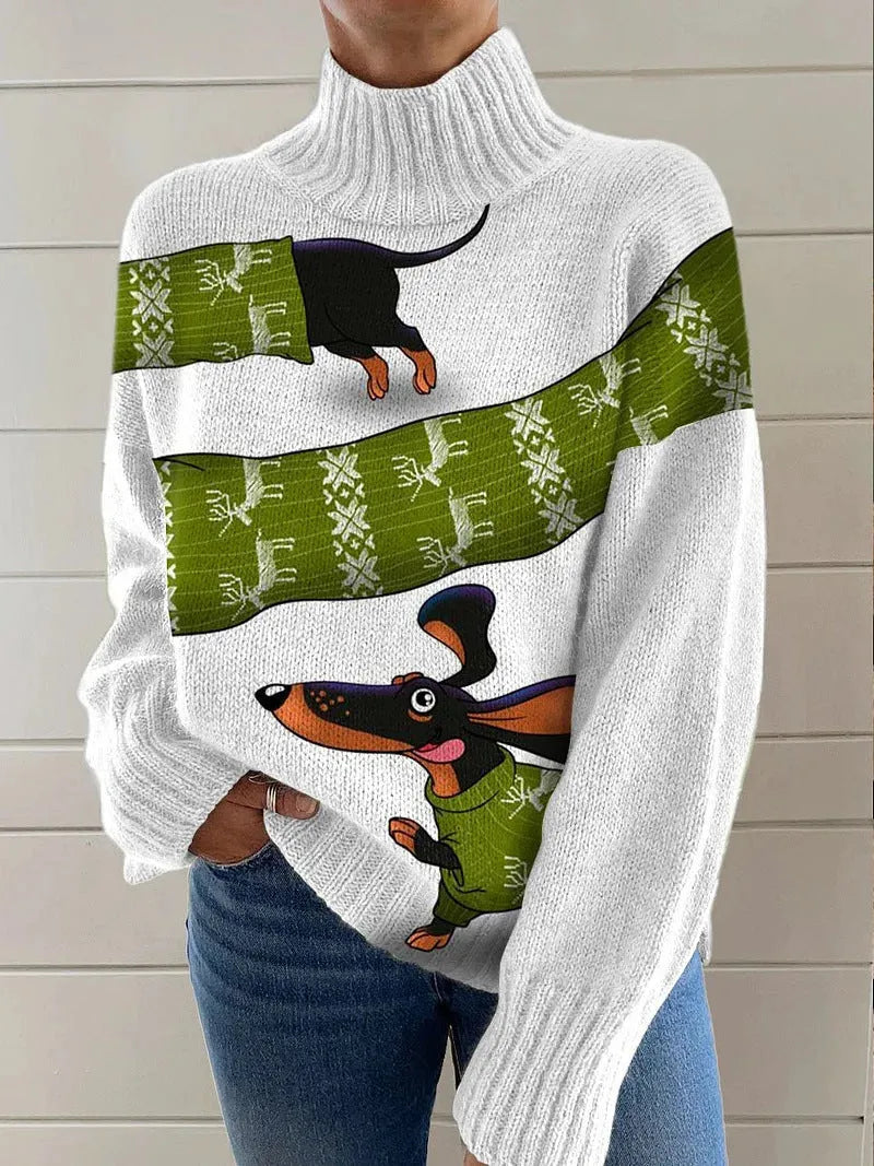 Women's loose fit Christmas printed turtleneck sweater in macaron colours
