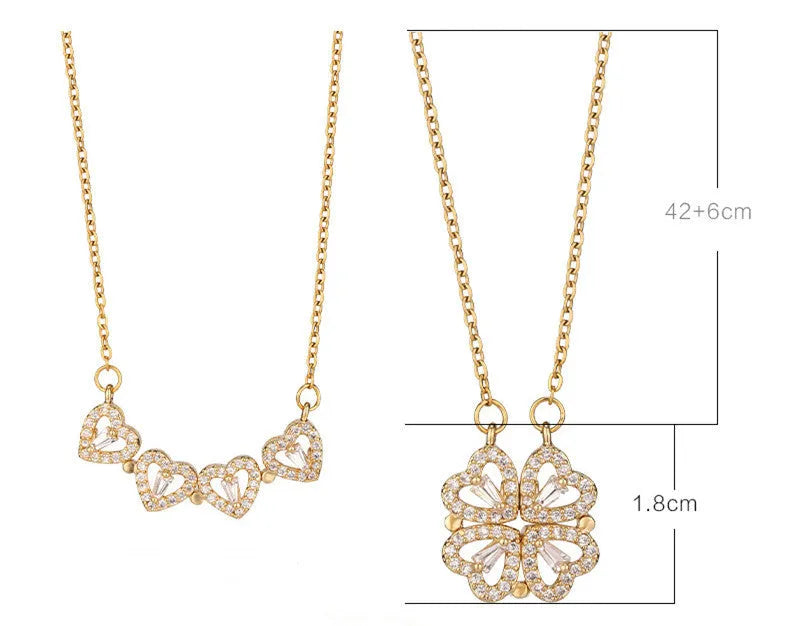 Four-leaf clover titanium steel necklace with diamond inlay pendant, gold finish, 42+6cm chain on light background