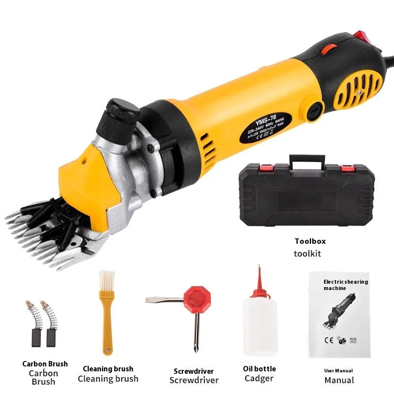 Yellow electric wool shearing machine with blades and tools in a plastic storage case