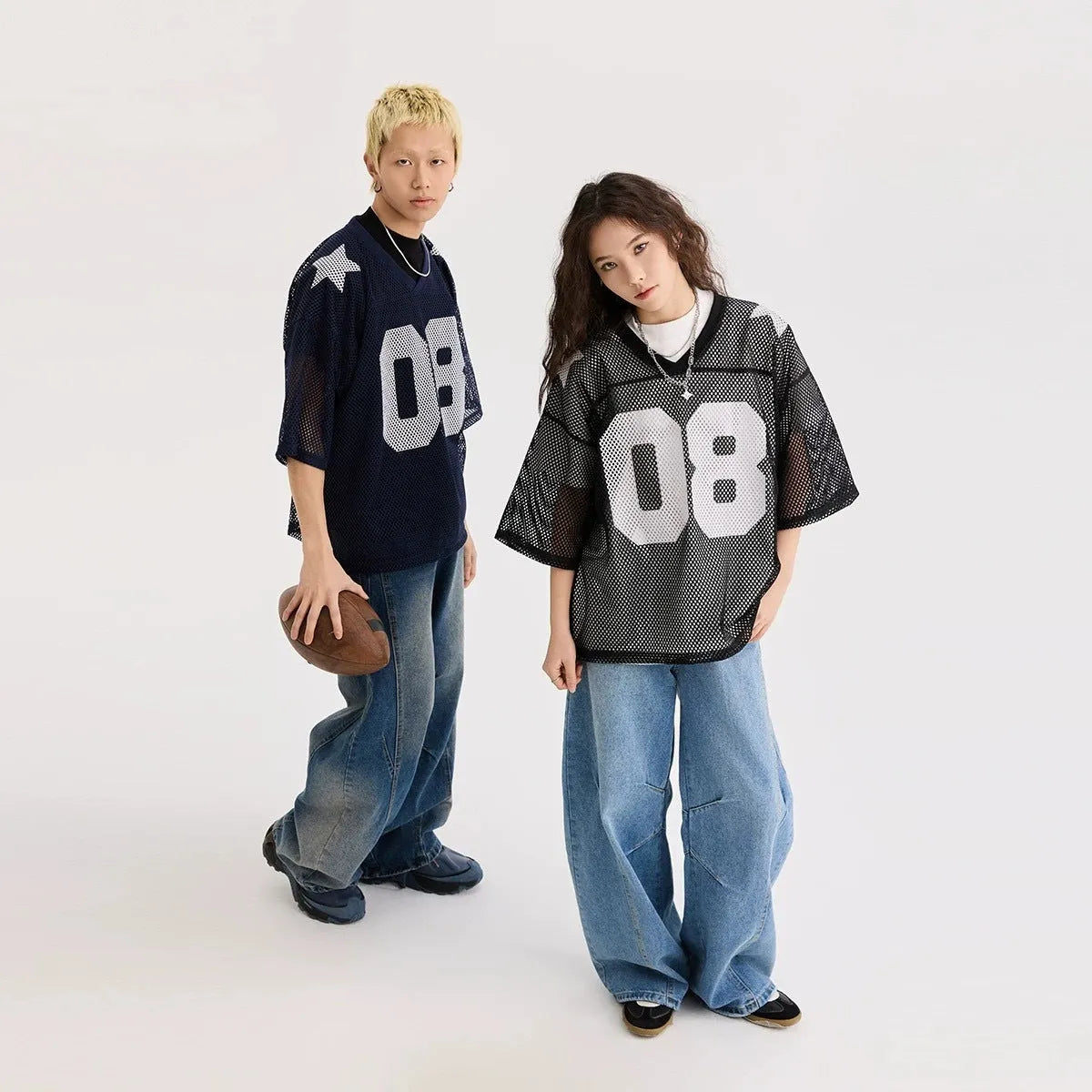 Black and navy blue half sleeve polyester shirt with loose pullover design