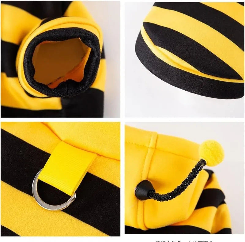 Yellow and black striped bee antenna hoodie for small dogs with flexible antennae and back belt hook