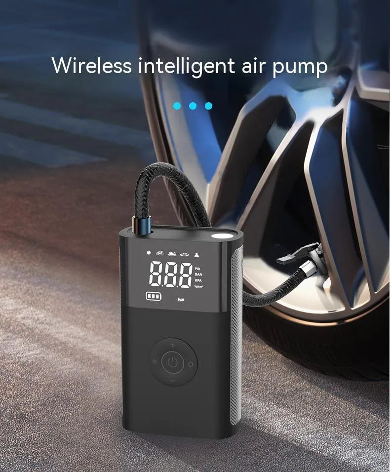 Wireless handheld digital air pump with display screen showing tyre pressure, surrounded by nozzle attachments for car, bicycle and sports inflation