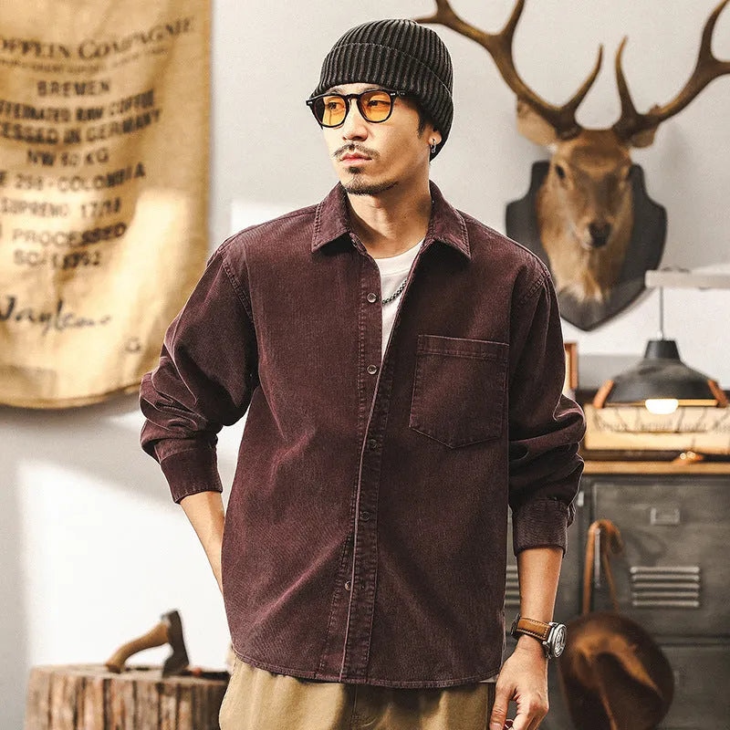Men's retro-style corduroy casual jacket in red, shown in a loose long-sleeved fit.
