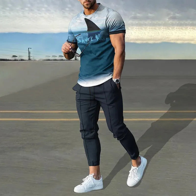 Men's short-sleeved round neck T-shirt and full-length trousers set in a solid colour.