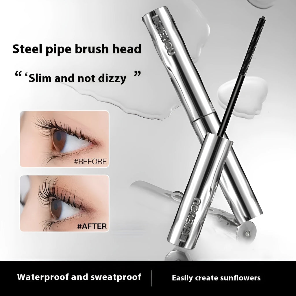 Waterproof black and brown mascara in a steel tube, shown with an optional eyelash curler.