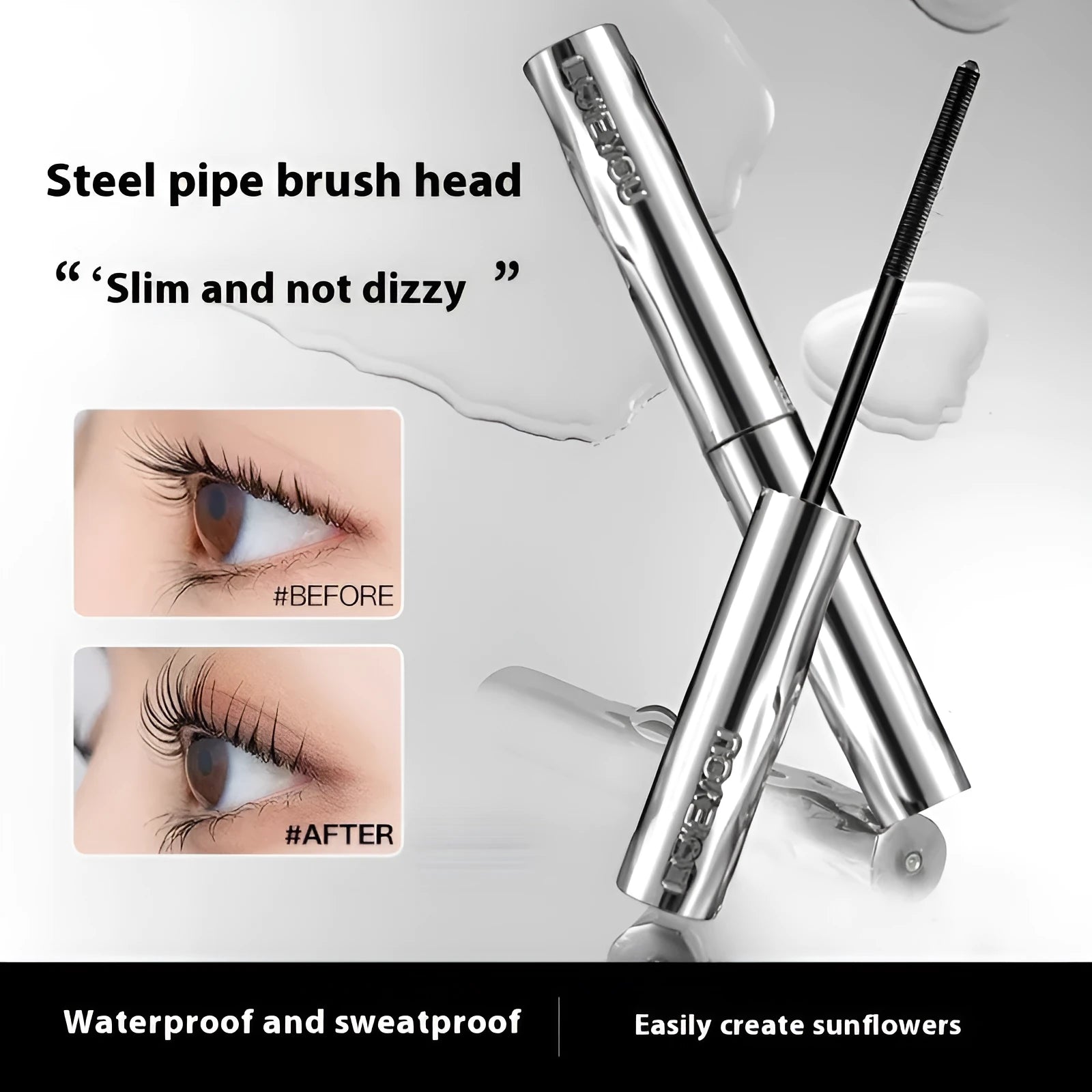 Waterproof black and brown mascara in a steel tube, shown with an optional eyelash curler.