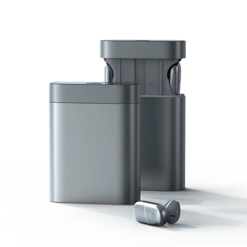 Silver gray wireless Bluetooth headset with charging compartment power bank, 74x28x95mm, LOOP T6