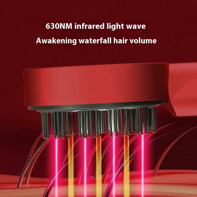 Black and red plastic massage hair comb with red and blue lights showing 24cm length