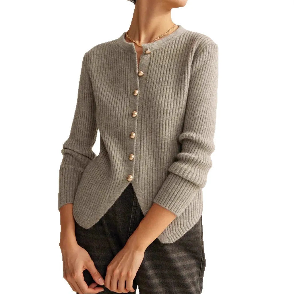 Yuan collar loose fit cardigan sweater in solid silver or red colour for autumn winter wear