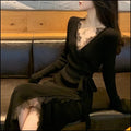 Women's black slim fit wool blend princess dress skirt showing front and side views