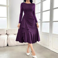 Purple women's long sleeve pullover dress with ruffled details and round neck