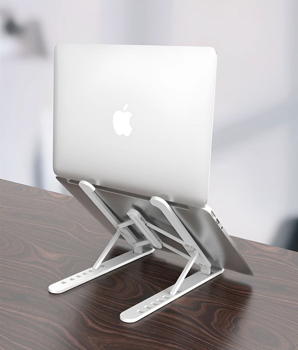 P1 foldable laptop stand in charm black showing adjustable lifting mechanism with ABS and silicone construction