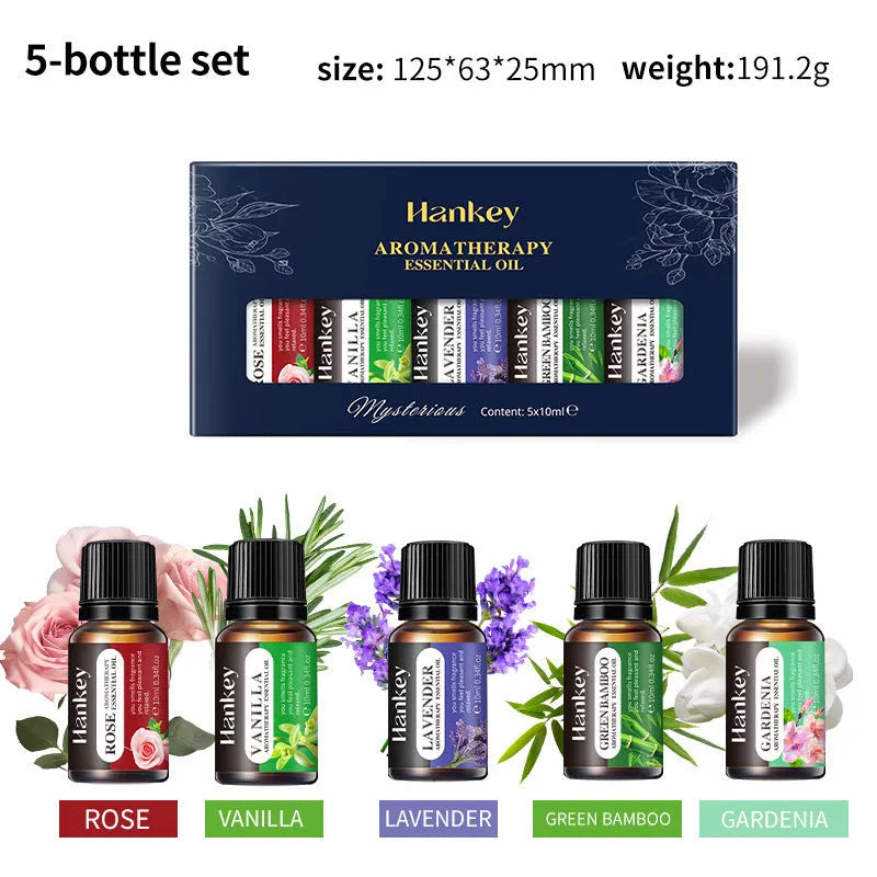 Boxed set of water-soluble aromatherapy essential oil bottles for diffuser use