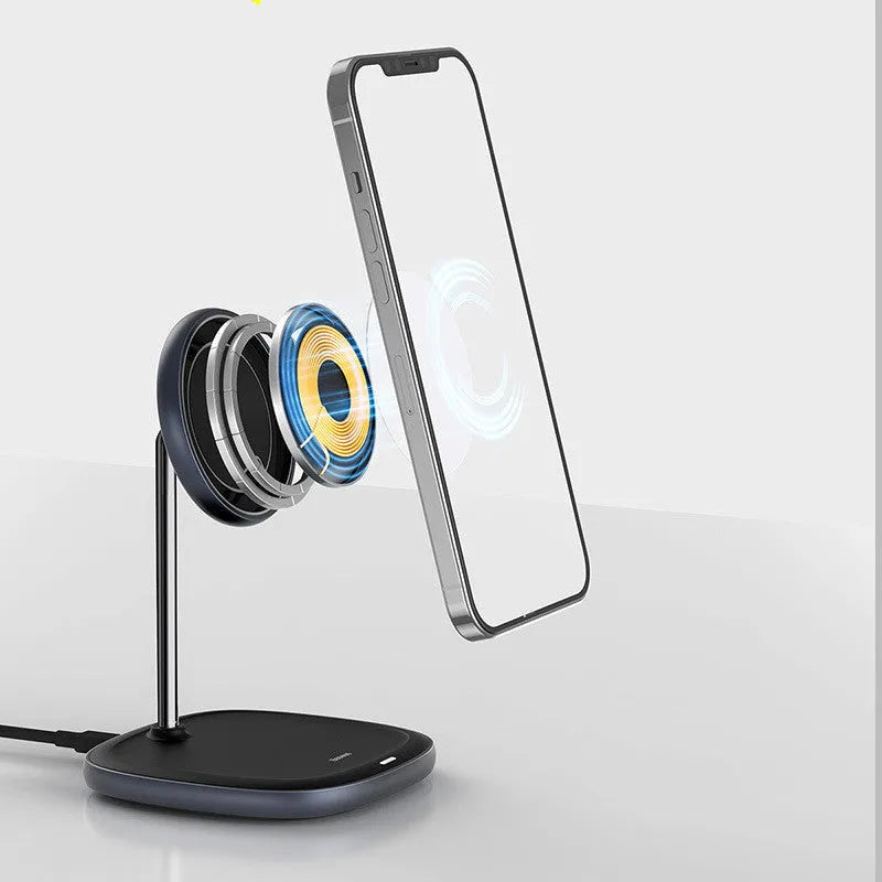 Swan magnetic wireless charging stand for iPhone 12 in black or white on a desk
