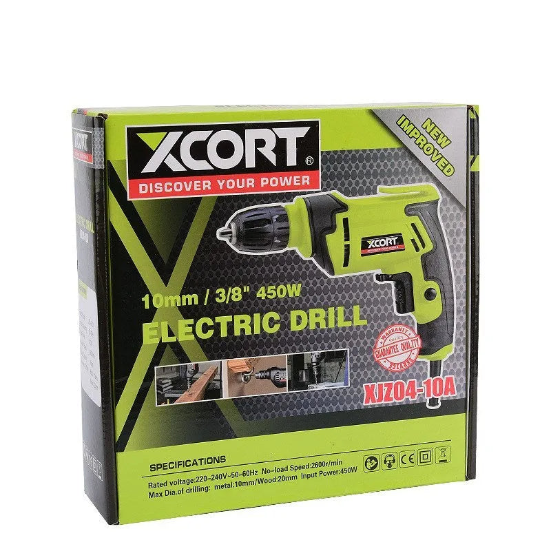 Pistol grip electric drill with 450W motor and 10mm chuck for wood and metal drilling
