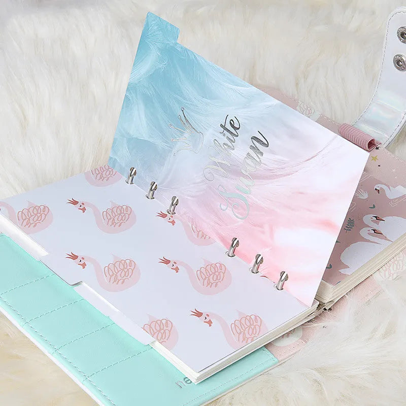 Set of 6 swan handbook A6 separator pages with colour double-sided printing and gold foil backing sheet