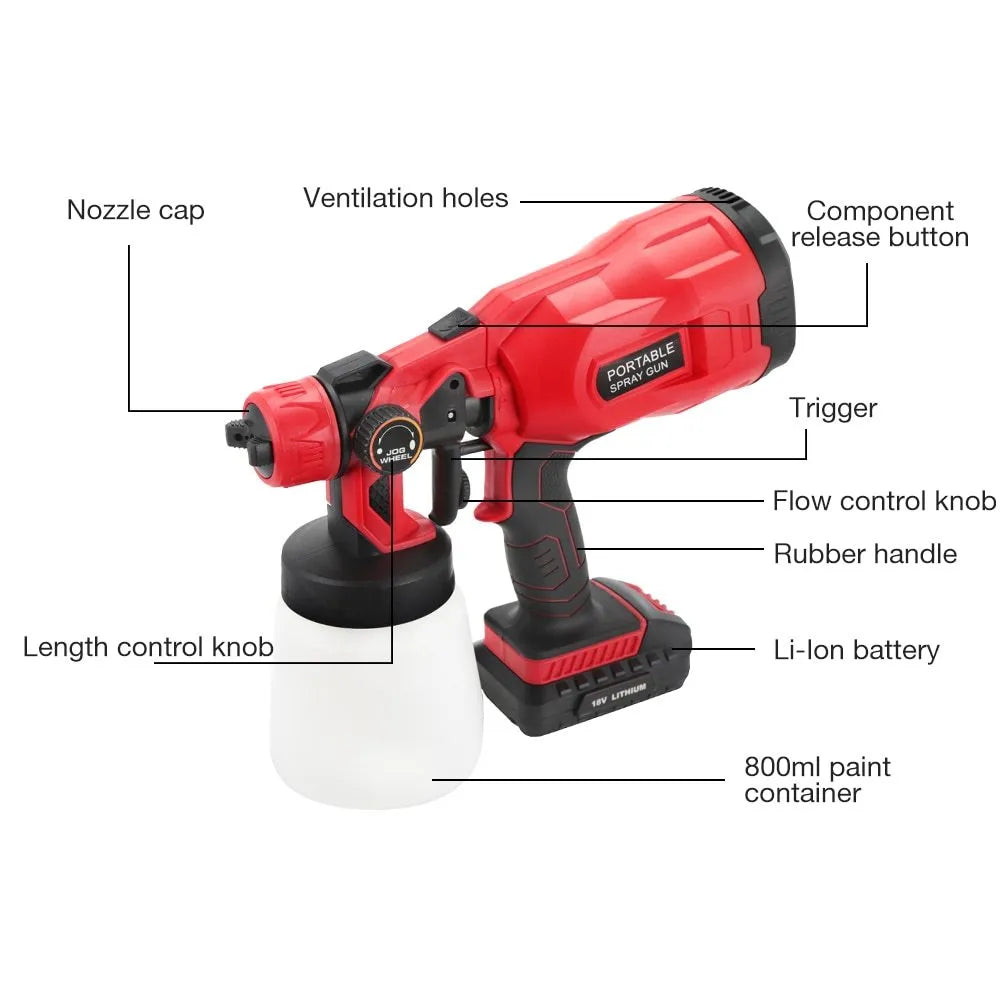 Blue cordless electric paint spraying machine with 800ml container and 1.8mm nozzle for DIY projects