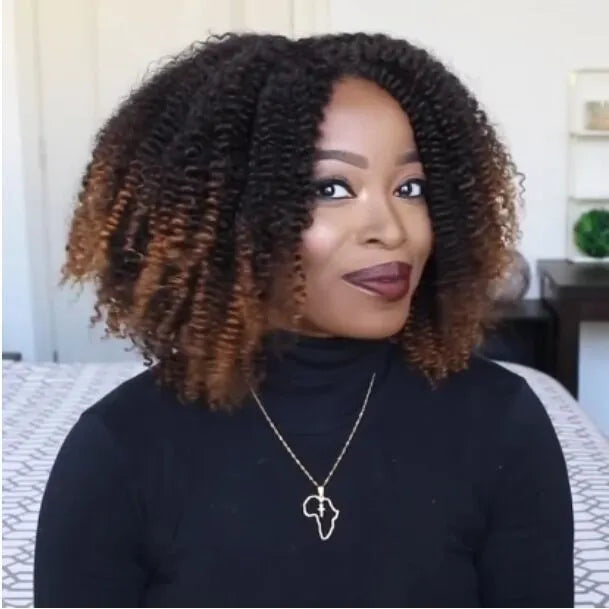 Short curly wig made of high temperature silk with long bang in black gradient brown colour on a wig stand