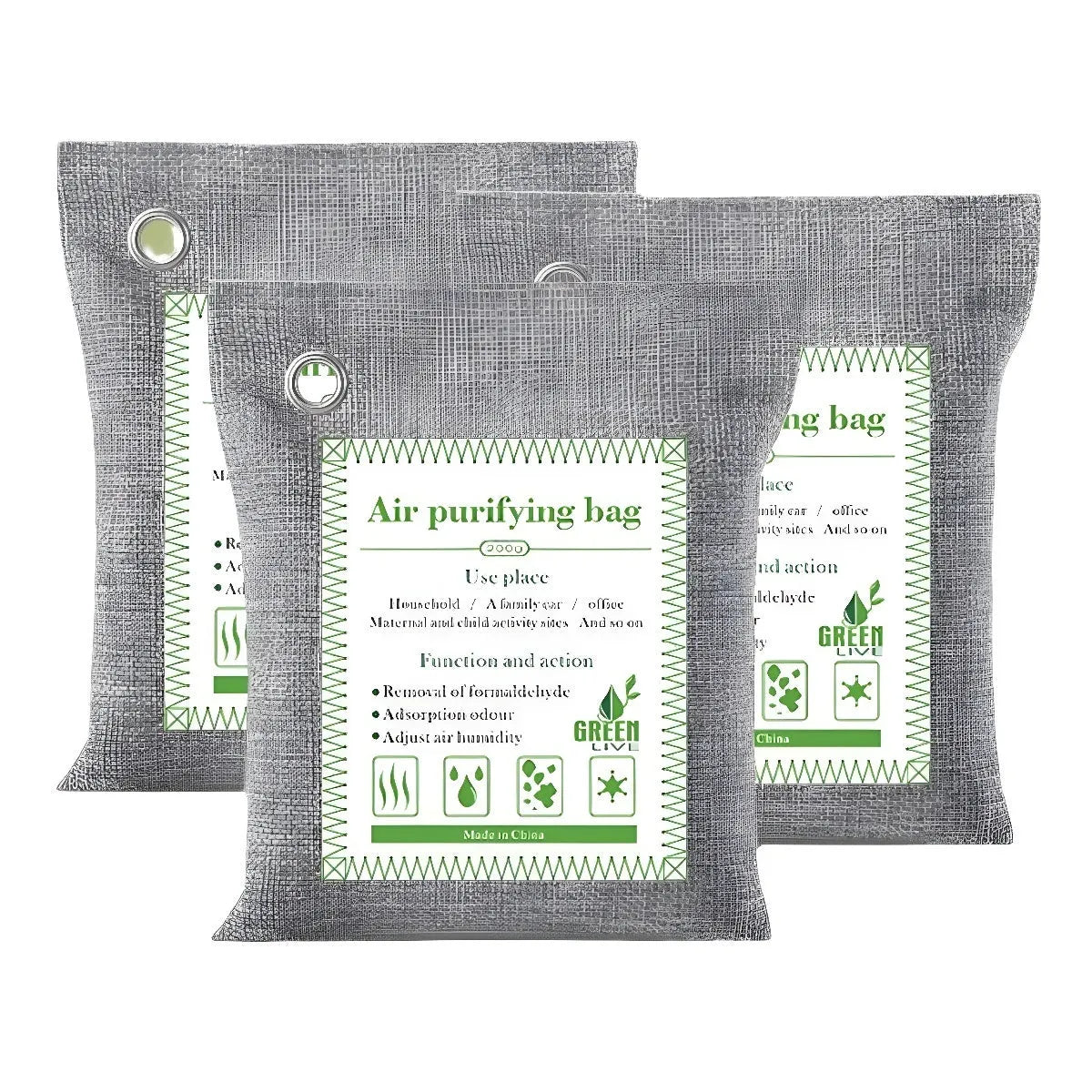 Bamboo charcoal wrapped activated carbon bag for formaldehyde removal and air purification in new homes.