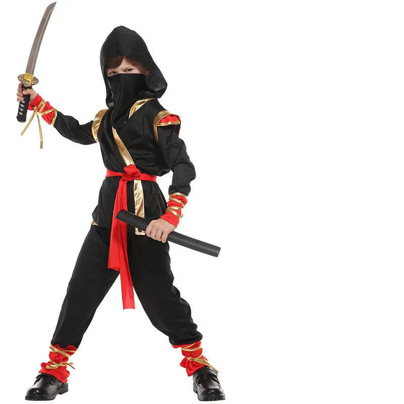 Black spandex children's Halloween ninja costume set with top pants armor mask belt headwear and bandages