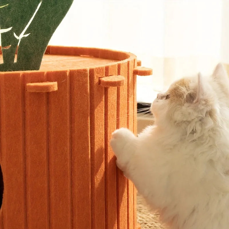 Carrot-shaped grey felt cat nest tunnel with a round entry hole, shown in medium and large sizes.