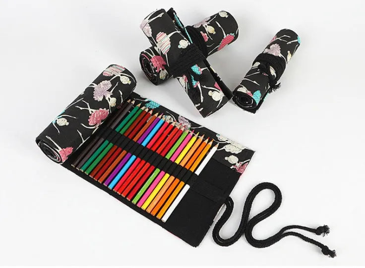 Canvas rolling pencil case with ballet girl print showing multiple pencil storage holes