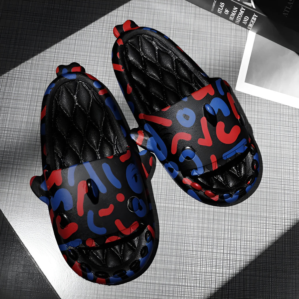 Open-toe shark design couple slippers in EVA material on a white background.