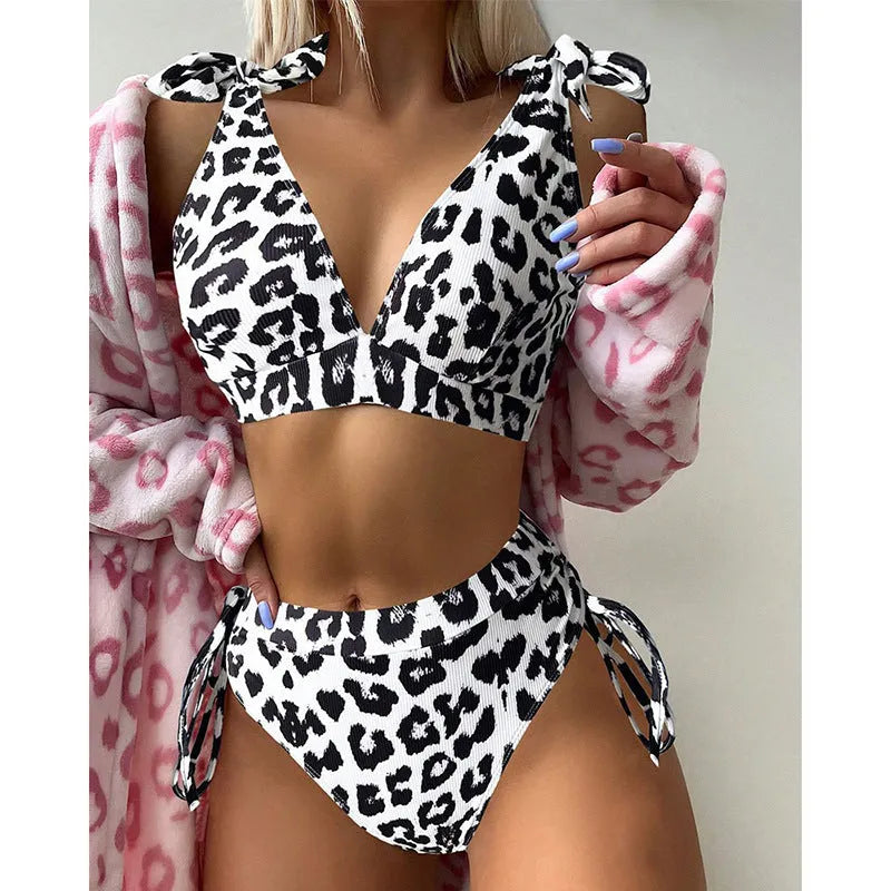 Women's purple leopard print lace-up chest cover high waist suit with sleeveless top and matching shorts