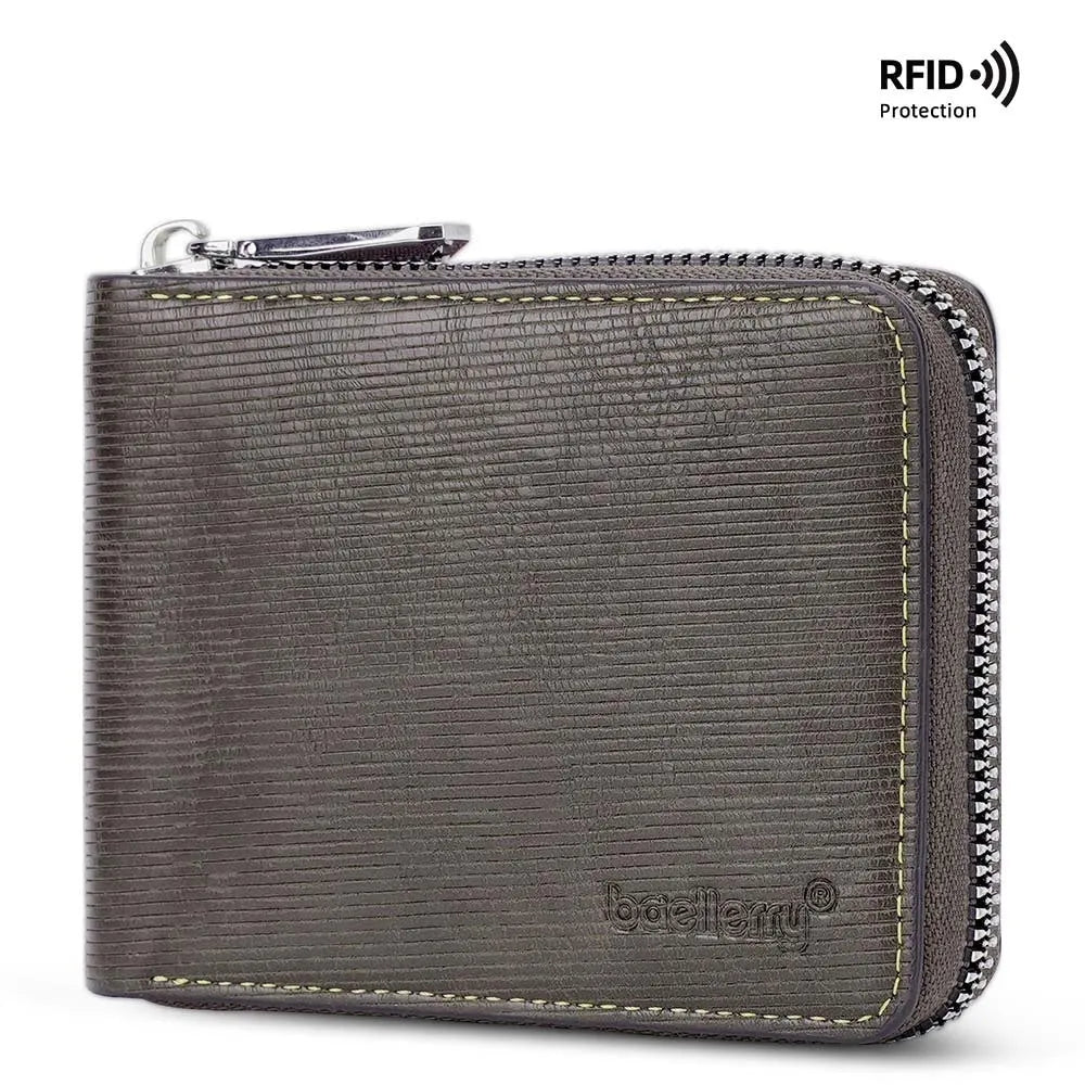 Black leather credit card wallet with anti-theft zipper and embossed pattern