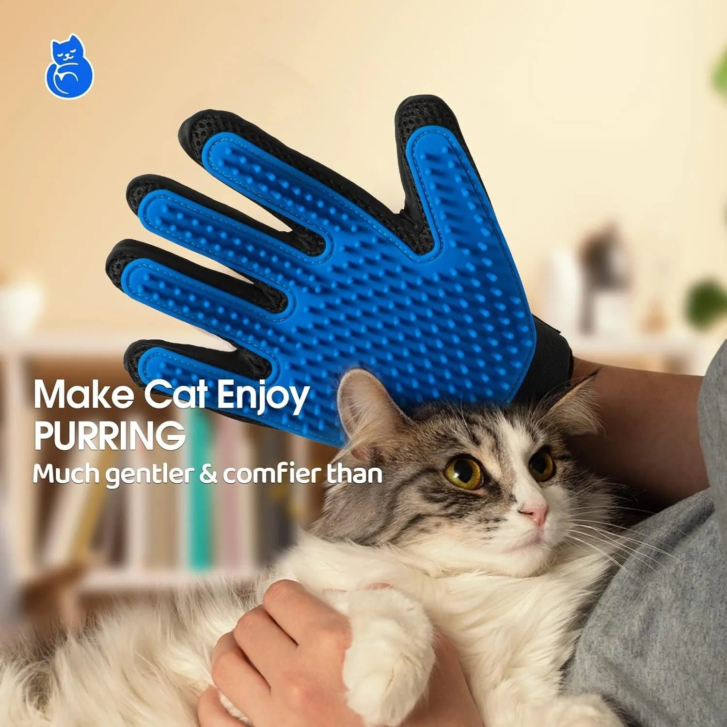 Blue pet grooming gloves with silicone tips for dog and cat hair removal