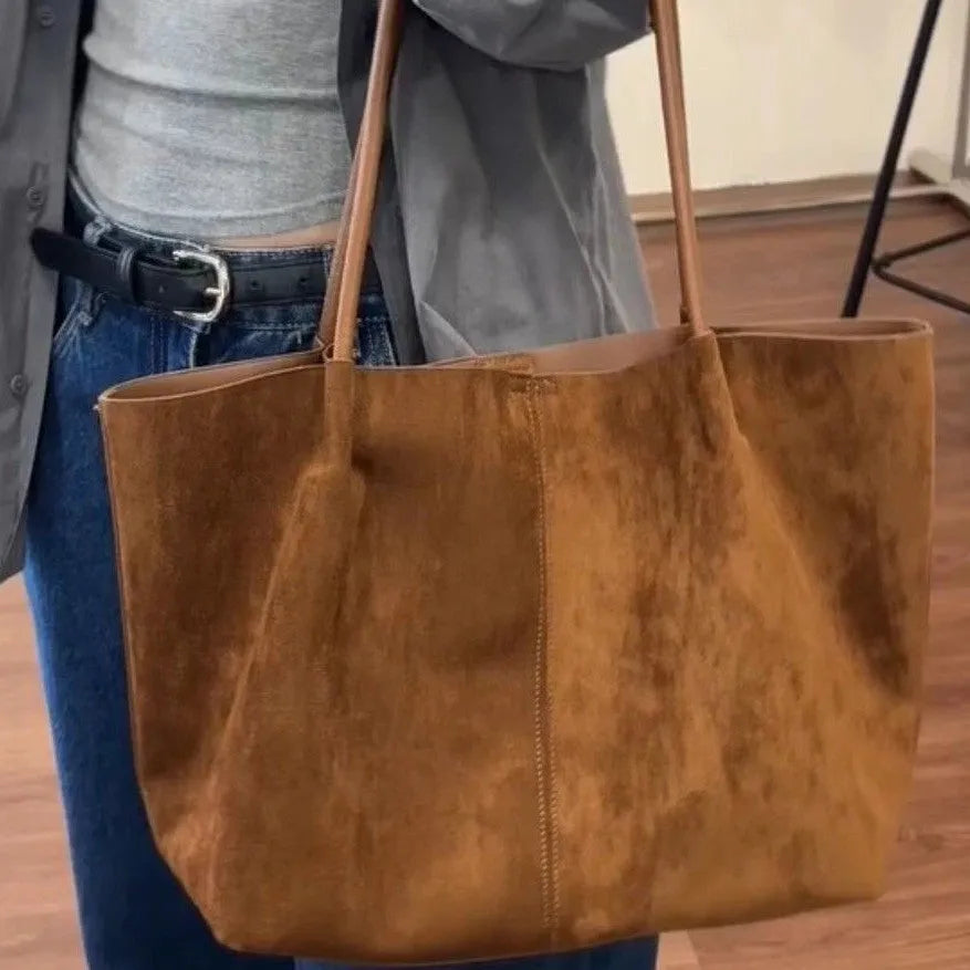 Coffee colour commuter retro large capacity PU tote bag with double shoulder straps and sewing line detail