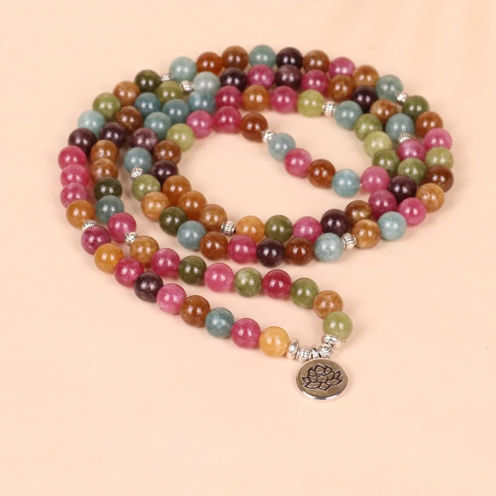 Natural tourmaline 108 bead bracelet with lotus pendant and multi-layer adjustable design