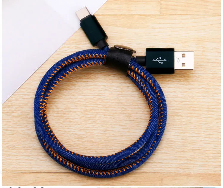 Denim braided USB Type-C charging cable with aluminium connectors in black, blue, or red.