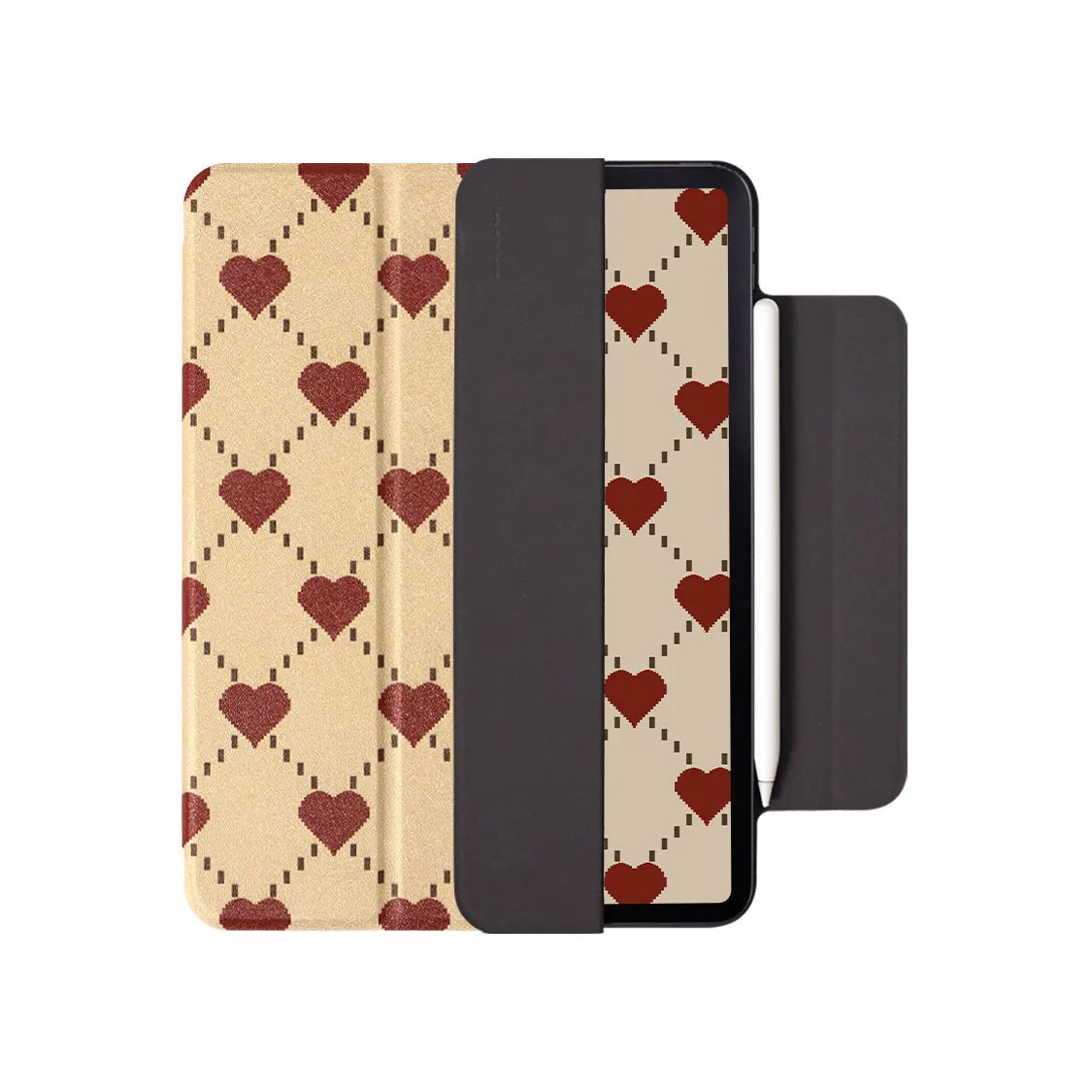 Magnetic protective case for iPad Air tablets showing double-sided suction and optional inner shell configuration