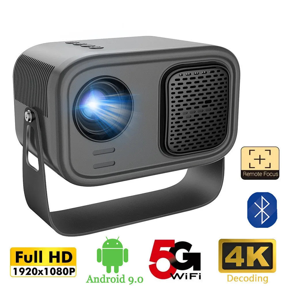 Black portable smart projector with remote control on table