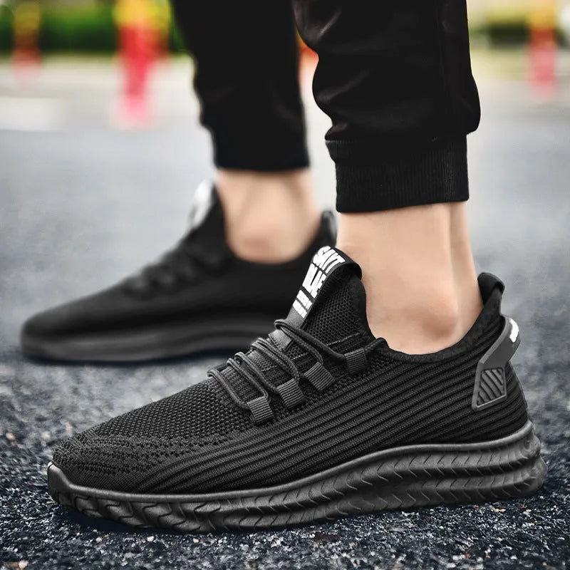 Men's casual summer shoes with breathable flying weave upper and rubber sole in black