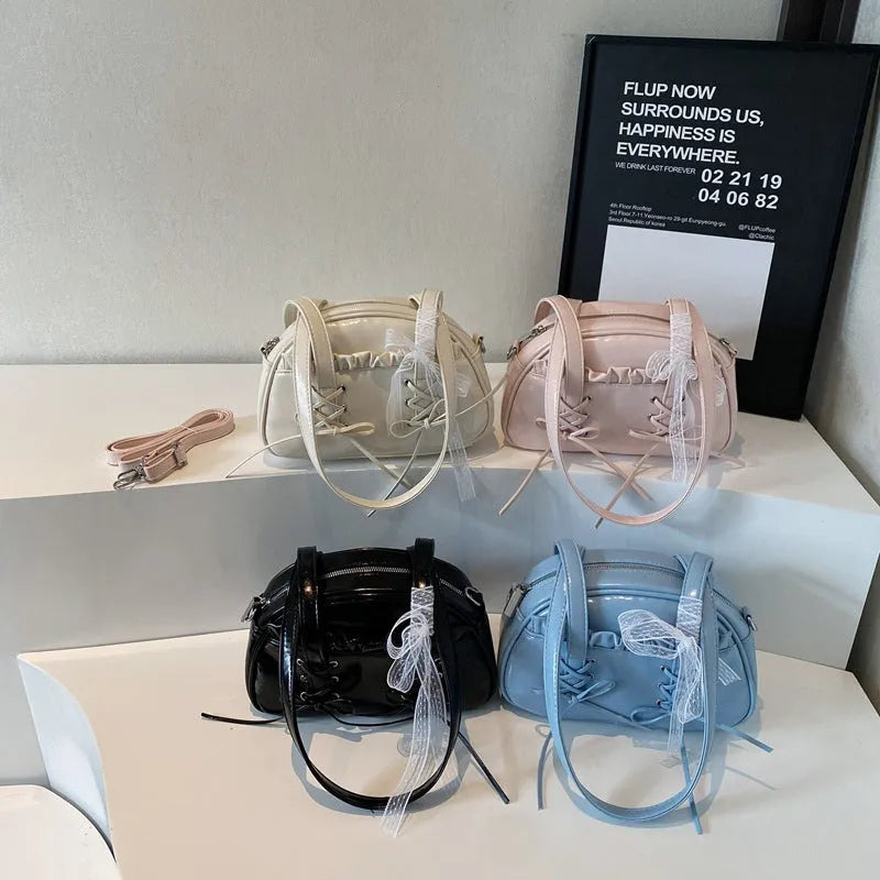 Women's PU leather bandage bow handbag shoulder bag with phone pouch in milky white colour